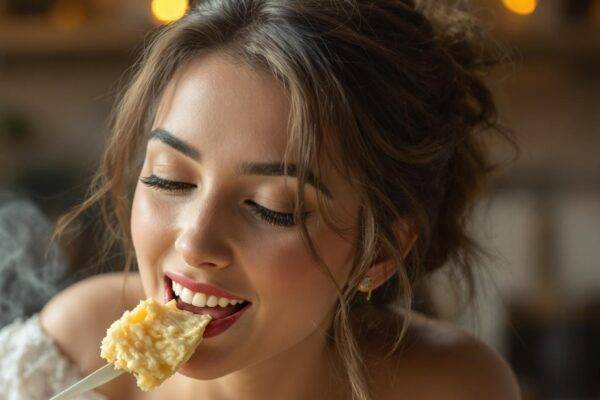 young lady eating artisanal cheese