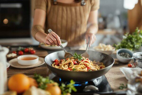 young lady cooking a meal at home